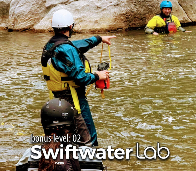 A certified swiftwater rescue instructor teaches a student how to safely get a kayaker across the waterduring the Level Up Kayak School Swiftwater Rescue Lab course.